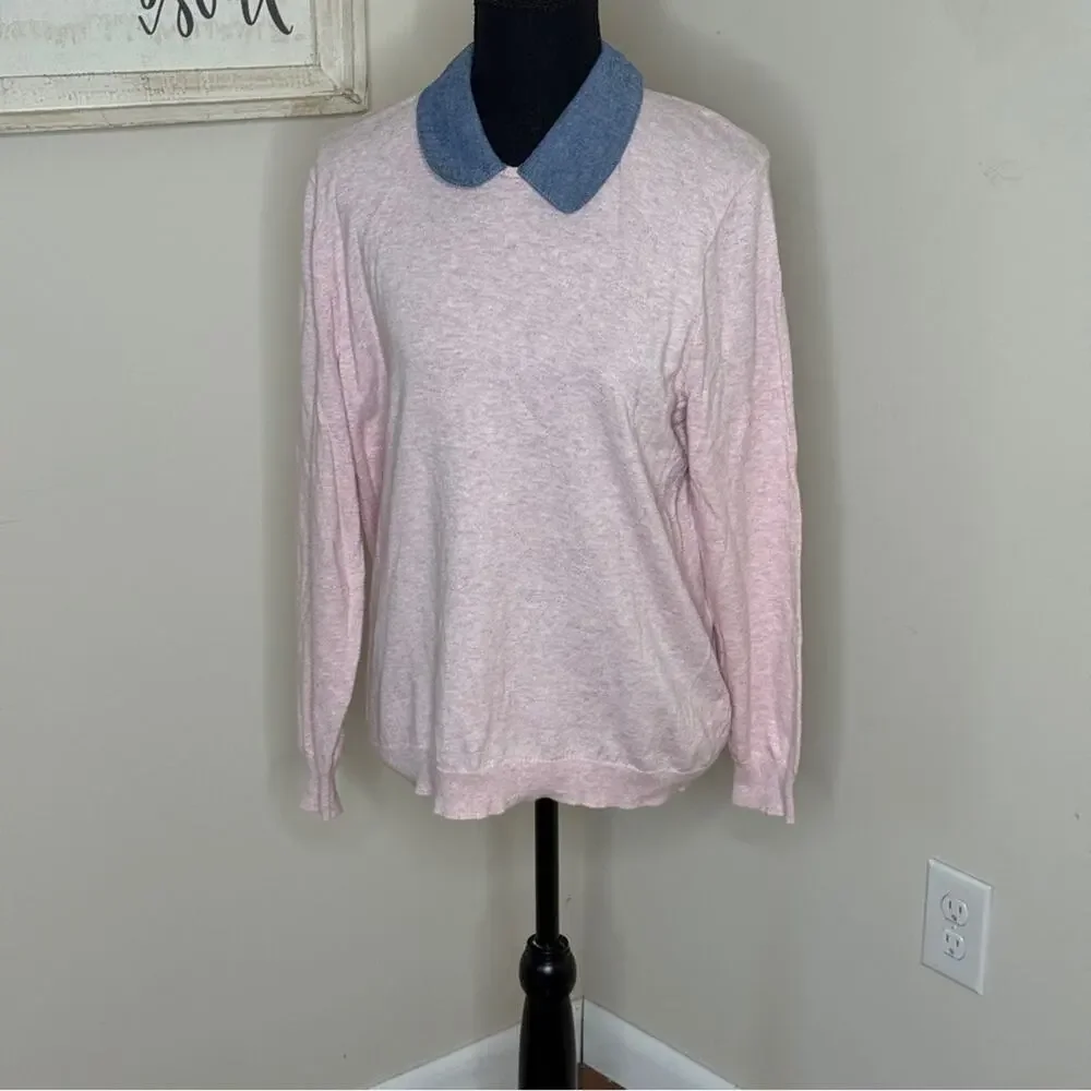 J. Crew Tippi Chambray Collar Sweater Pink Size L